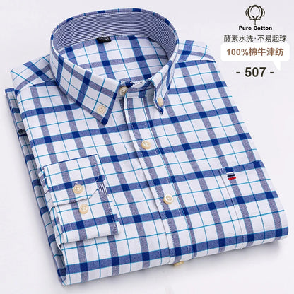 Men's 100% Cotton Oxford Plaid Shirt - Soft Regular Fit Long Sleeve Formal Dress Shirt with Pocket S-7XL
