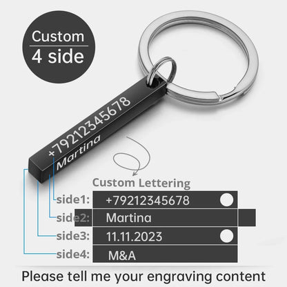 Personalized 3D Bar Keychain - Stainless Steel Engraved Name, Date or Logo Key Ring Gift P039