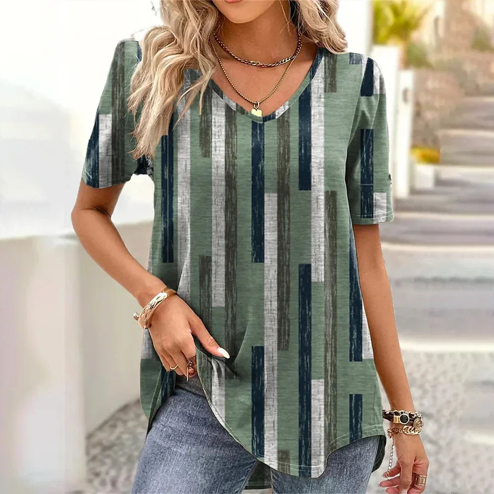 Women's 3D Flower Print V-Neck T-Shirt - Oversized Kawaii Summer Casual Blouse Top Fashion Clothing