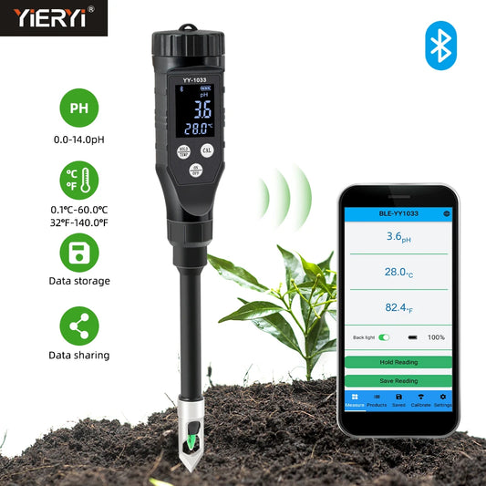 Smart Soil pH Meter 0.0-14.0pH - Bluetooth Soil Tester & Data Logger for Hydroponics, Garden & Farmland