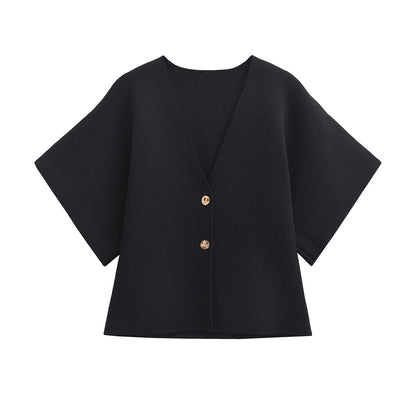 2024 Women’s Casual V-Neck Short Sleeve Knitted Top – Simple Plain Autumn Fashion