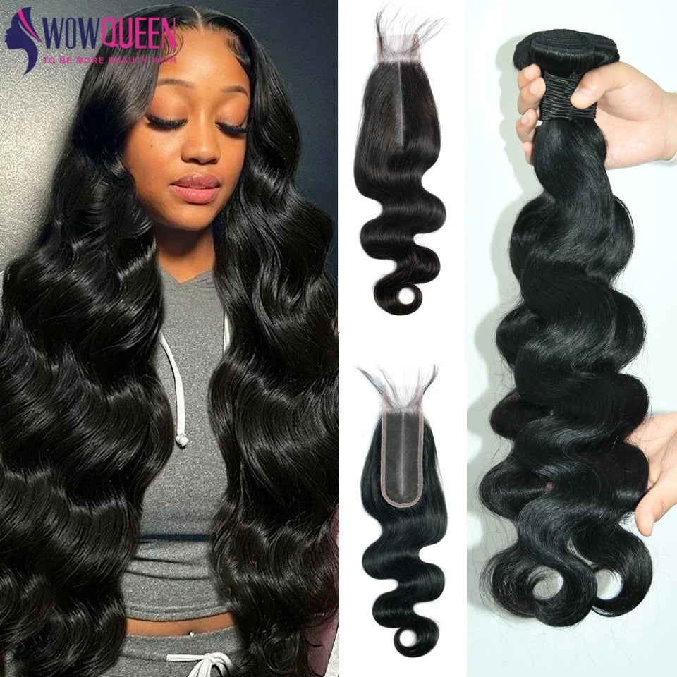 Body Wave Bundles with Closure – 2x6 Brazilian Hair Weave, 3/4 Bundles with Lace Closure, Natural Human Hair