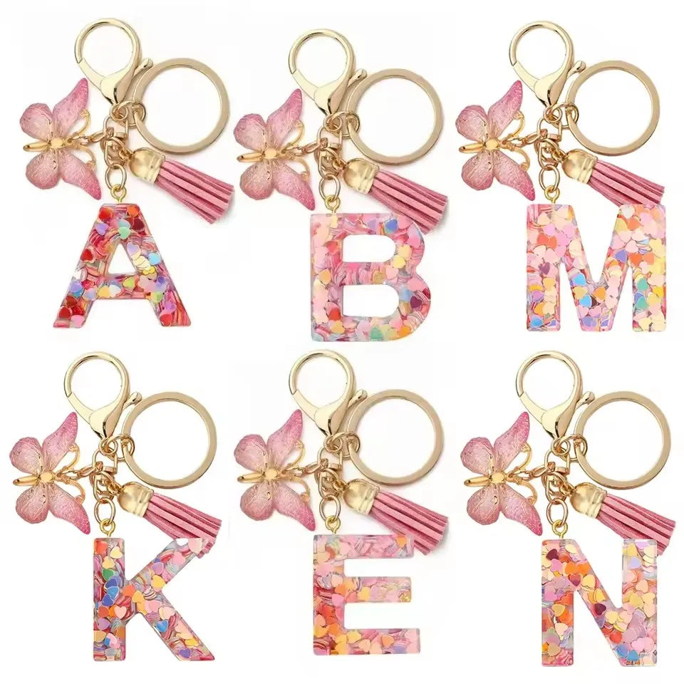 A-Z Letter Acrylic Keychain - Pink Butterfly Tassel Bag Charm & Key Ring