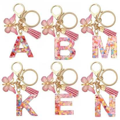 A-Z Letter Acrylic Keychain - Pink Butterfly Tassel Bag Charm & Key Ring