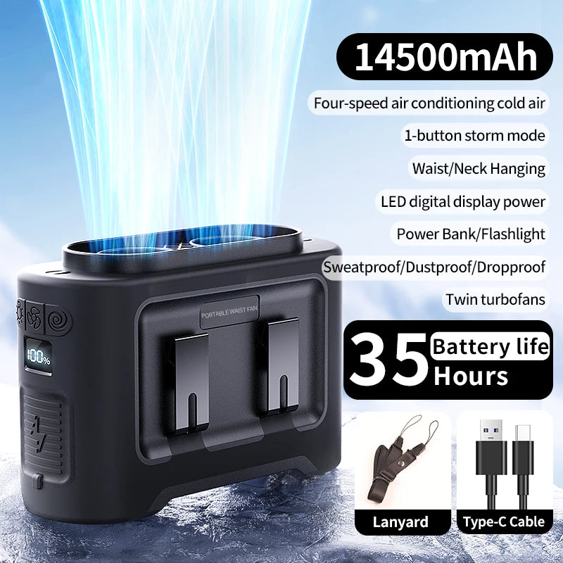 Socoolfan 14500mAh Portable Waist & Neck Fan – Dual Air Vent Strong Cooling Fan for Outdoor Work, Travel & Sports
