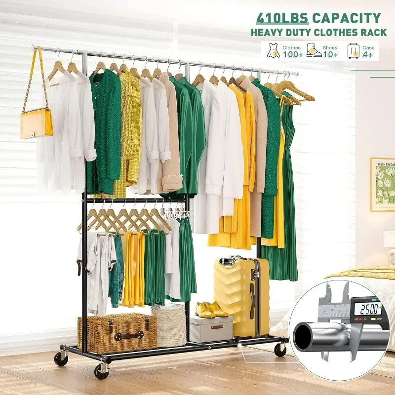 Heavy Duty Rolling Clothing Rack – Portable Clothes Hanger with Wheels for Walk-In Closets