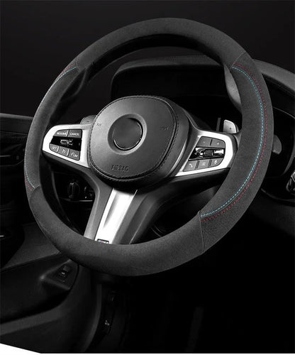 Universal Cowhide Suede Steering Wheel Cover — Breathable 37-38cm Car Steering Wheel Wrap Accessories