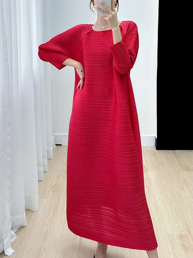 2023 Women's Miyake Pleated Long Dress – Full Sleeve, Round Neck, Korean Fashion, Plus Size Summer Style