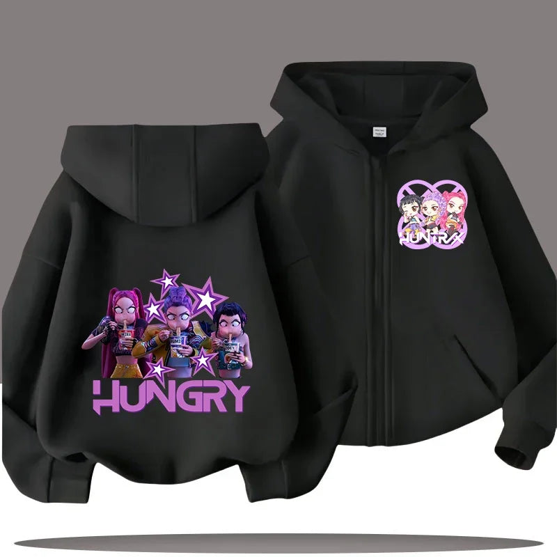 Funny Kpop Demon Hunters Zip-Up Sweatshirt – Kids Hoodie for Girls & Boys, Casual Zipper Hoody Top