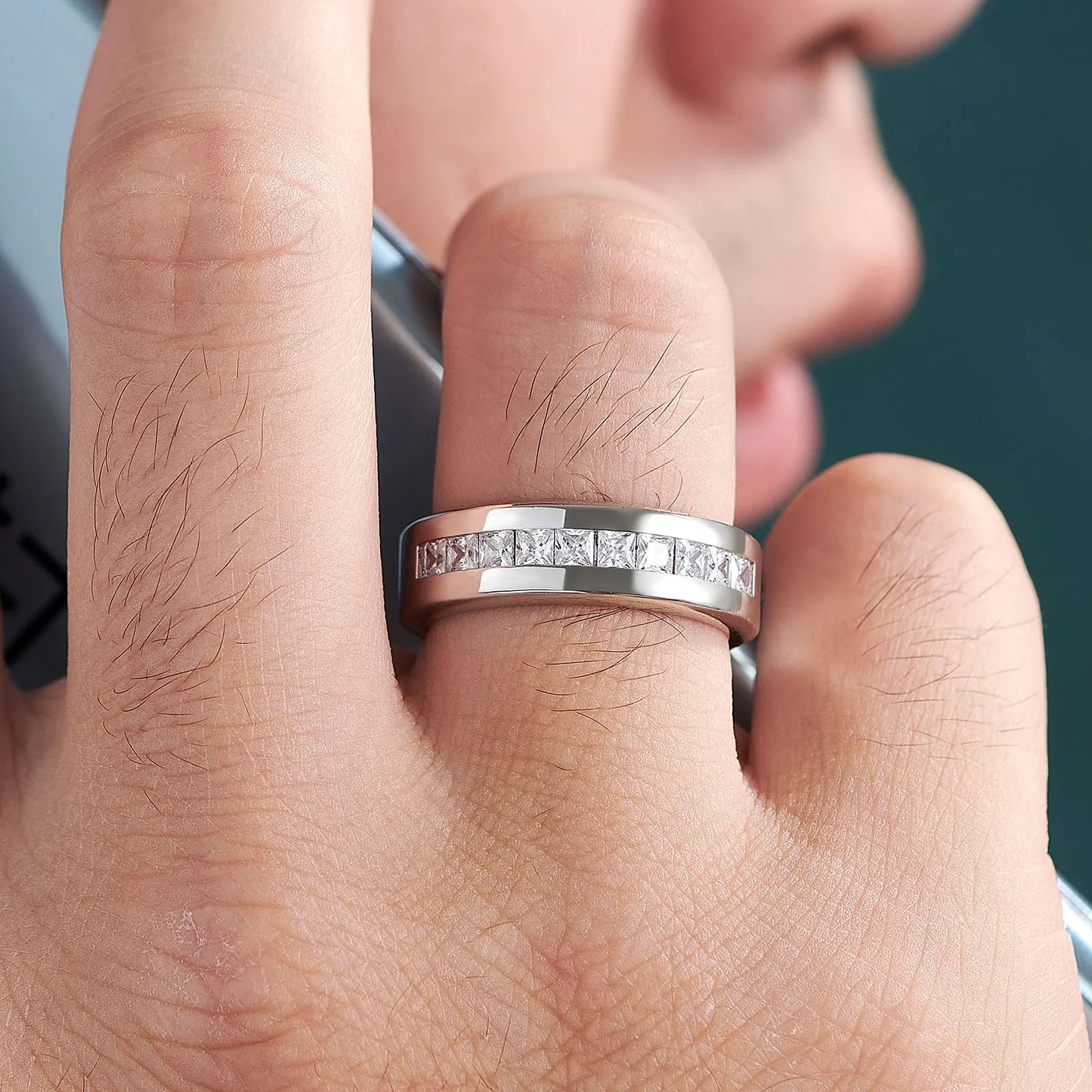 Newshe 925 Sterling Silver Moissanite Men’s Wedding Band – Half Eternity Princess Cut Lab-Created Diamond Ring