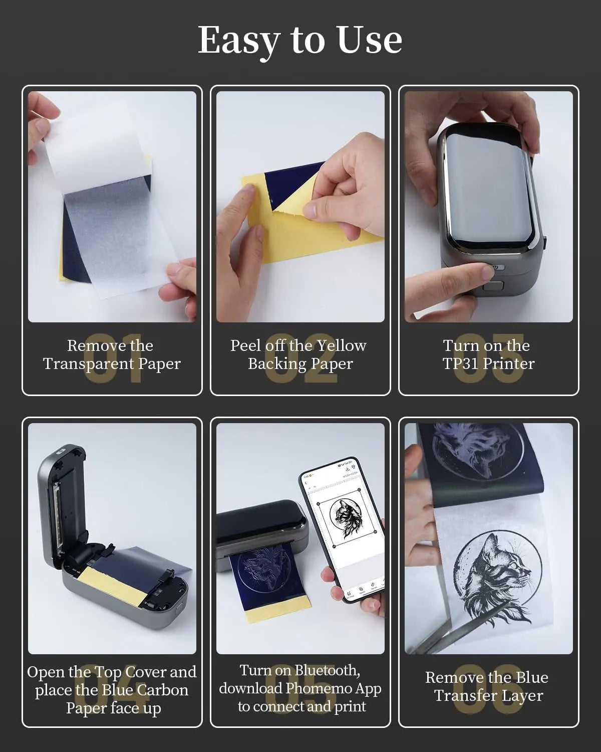 TP31 Thermal Tattoo Stencil Printer – Wireless Bluetooth Mini Portable Printer with Transfer Paper for Tattoo Artists