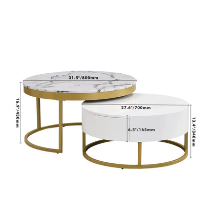 Set of 2 Round Gold Nesting Coffee Tables — Storage Drawer Living Room Furniture