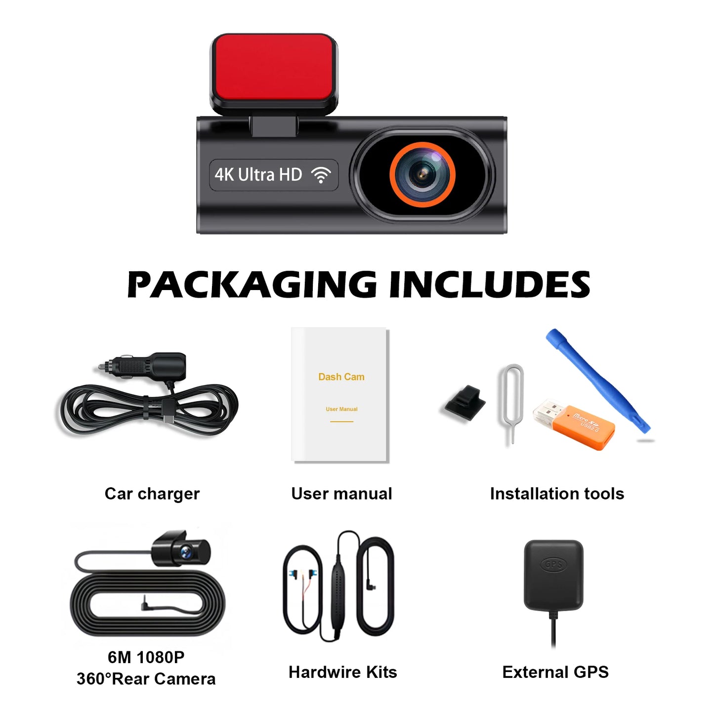 Aprilboy K6 4K WIFI Dash Cam - Front & Rear Dual Lens, 1080P Night Vision, Parking Monitor, Mini Car DVR