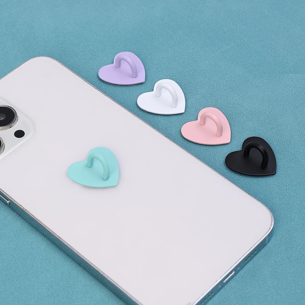 Kawaii Metal Heart Phone Charm — Adhesive Holder, Finger Ring Stand, Case Hook & Buckle Accessory with String