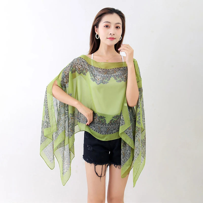 Women’s Summer Beach Shawl – Loose Chiffon Bikini Cover-Up Blouse with Buttons Sun Protection Scarf