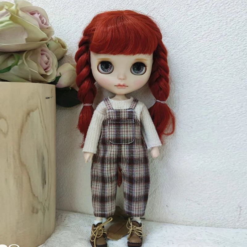 Casual Blythe Doll Clothes – Romper, Plaid Pants & Long Sleeve Top for Licca, Azone, OB24/OB27 Dolls