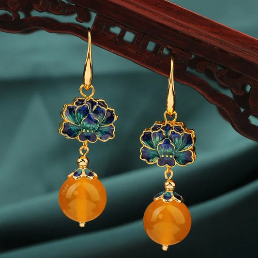 Vintage Flower Drop Earrings - Natural Stone Ethnic Jewelry for Women