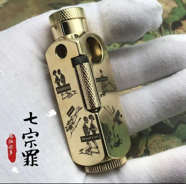 Handmade Brass Carved Trench Kerosene Lighter – Vintage Flamidor Gasoline Lighter, Heavy Men's Smoking Gift Collection
