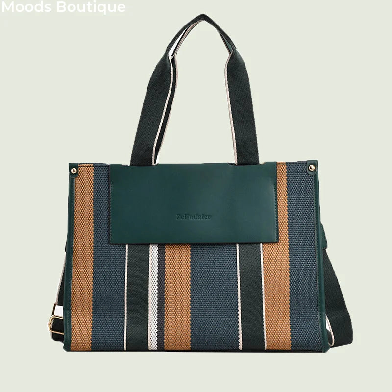 MOODS Quality Canvas Tote Bag for Women 2023 – Luxury Designer Handbag, Contrast Color Striped, Big Shoulder Crossbody Shopper Totes