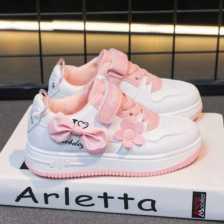 Girls Pink Bow Flower Sneakers - Breathable Non-Slip Casual Sports Shoes for Kids