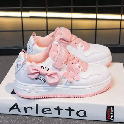 Girls Pink Bow Flower Sneakers - Breathable Non-Slip Casual Sports Shoes for Kids
