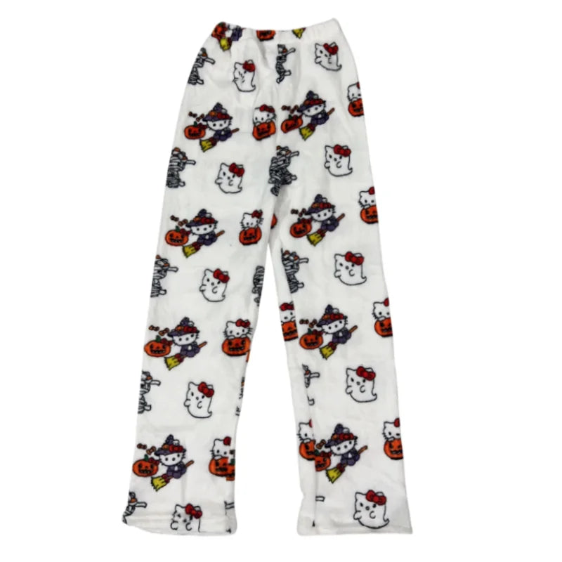 Kawaii Hello Kitty Flannel Pajama Pants – Warm Woolen Anime Trousers for Women, Cute Autumn Loungewear Gift