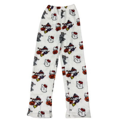 Kawaii Hello Kitty Flannel Pajama Pants – Warm Woolen Anime Trousers for Women, Cute Autumn Loungewear Gift