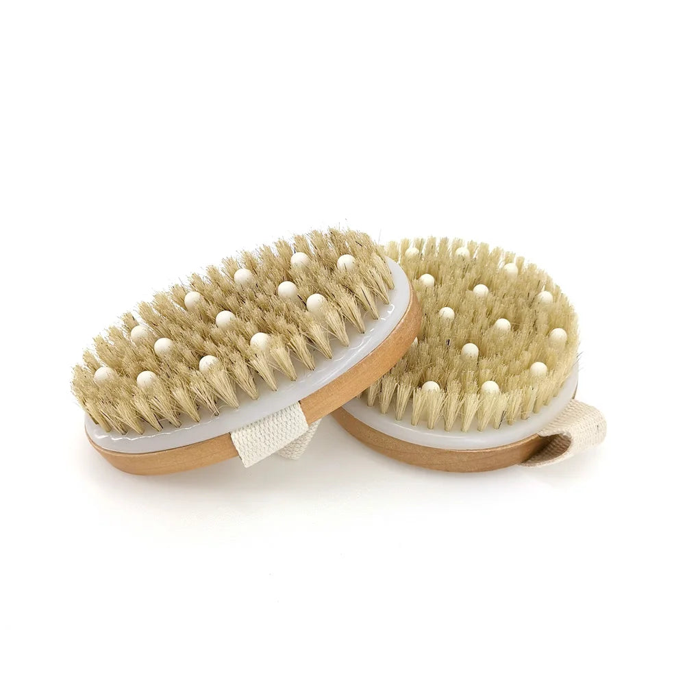2-in-1 Natural Bristle Body Brush – Dry Skin Exfoliator & Anti-Cellulite Massager for Blood Circulation