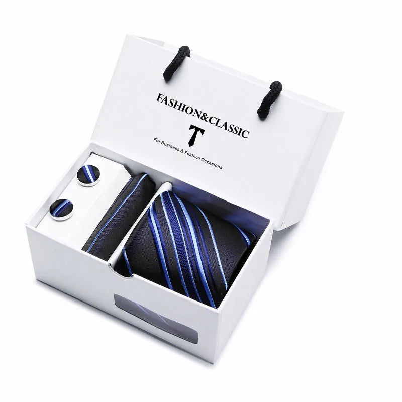 Black Paisley Tie Set - Men's Necktie, Pocket Square & Cufflinks Gift Box for Weddings & Formal Wear