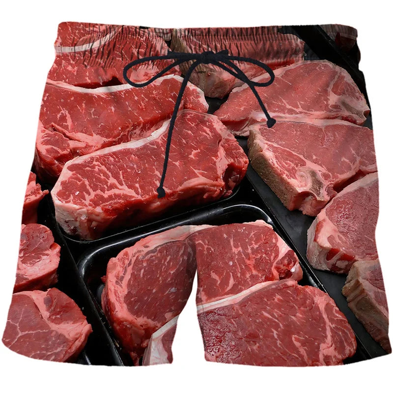 3D Sausage Print Beach Shorts - Funny Food Graphic Elastic Waist Swim Trunks for Men