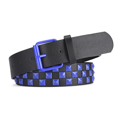 Personalized Rivets Checkerboard PU Leather Belt – 107CM Universal Hip-Hop Punk Fashion Belt for Men & Women