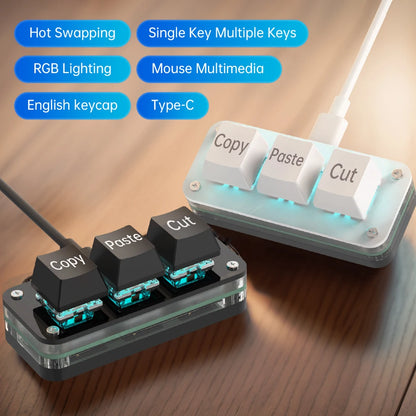 RGB 3-Key Mini Macro Keyboard — Hotswap Keypad for Photoshop, Gaming & Programming