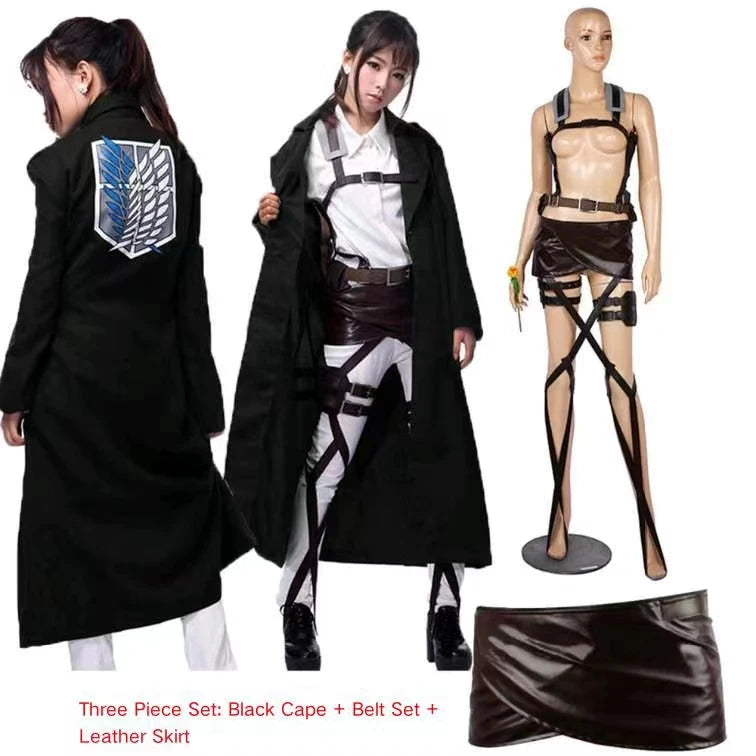 Attack on Titan Cosplay Costume - Recon Corps Jacket, Leather Skirt & Hookshot Belt Set for Anime Fans