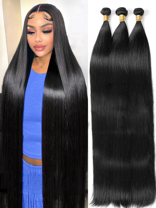 Bone Straight 100% Human Hair Bundles – 30" 40" 50" Brazilian Virgin Hair Extensions, Double Weft, Natural Black