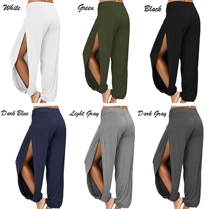 Women's Fashion Yoga Pants: High-Waisted Slit Wide Leg Harem Pants - Gym Leggings for Casual Solid Hollow Workout