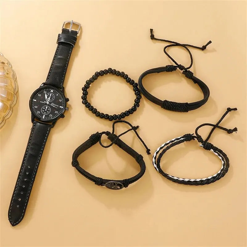 5PCS Fashion Men's Sports Watches Set - Luxury Business Quartz Wristwatches with Leather Bracelets, Casual Clock Collection