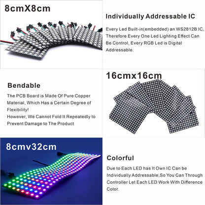 WS2812B RGB LED Pixel Display – 4x12, 8x8, 16x16, 8x32 Individually Addressable, Flexible Programmable 5V Screen