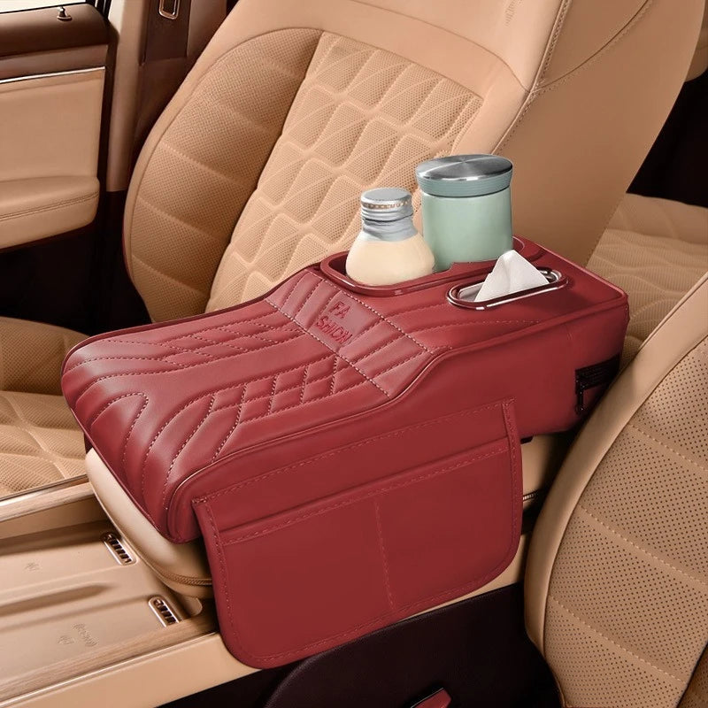 Car Center Console Armrest Box Pad Elevator Cushion – Storage Organizer with Tissue Holder, Cup Slot & Elbow Rest Interior Decor