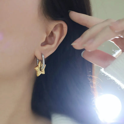 Lucky Star Stainless Steel Star Earrings — French Oval Five-Pointed Design, Long-Lasting Color