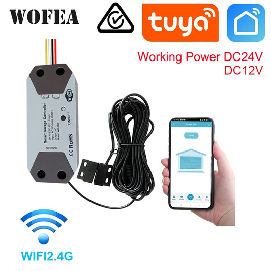 Wofea WiFi Smart Garage Door Opener Controller - Compatible with Alexa and Google Home, DC12/24V, 2.4G APP, No Gateway Needed