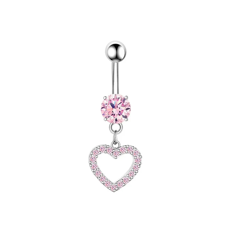 Pink Crown Belly Button Ring – Stainless Steel Heart Navel Piercing Barbell with Crystal for Women & Girls