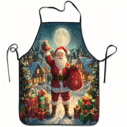 Christmas Apron – Santa Claus Snow Village Design with Moon, Festive Baking Apron for Holiday Cooking