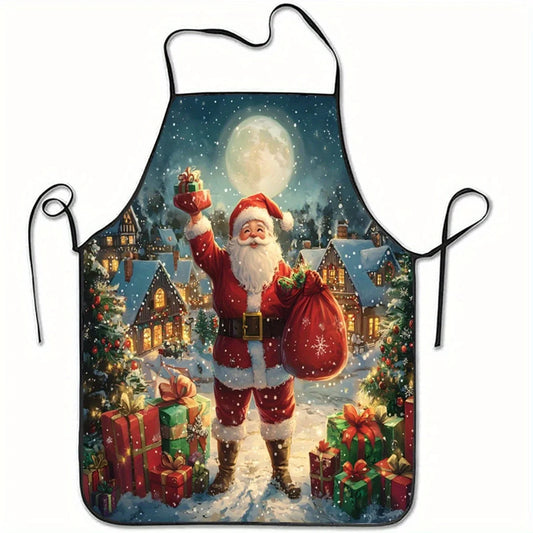 Christmas Apron – Santa Claus Snow Village Design with Moon, Festive Baking Apron for Holiday Cooking