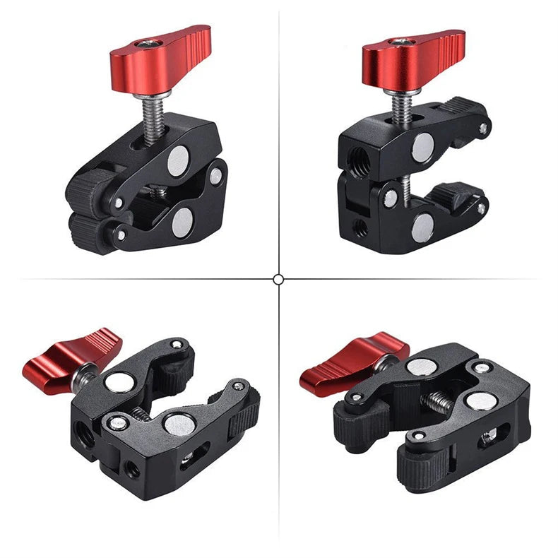 Super Clamp Camera Mount with 360° Ballhead, Double Ball Head Magic Arm Adapter for DSLR, GoPro, LED Lights, and Phone