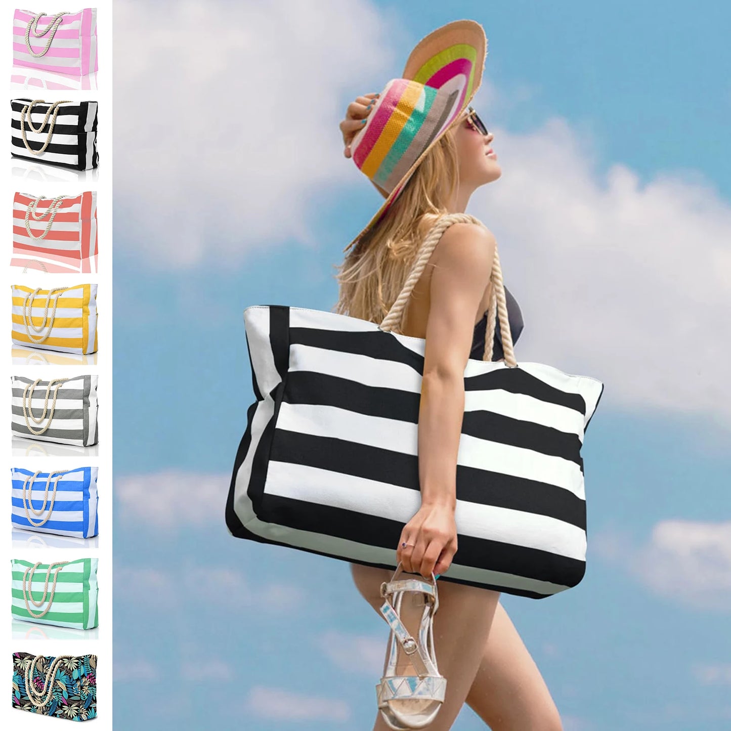 Striped Waterproof Canvas Beach Bag – Zippered Foldable Tote for Outdoor Travel and Vacation, Sand-Resistant Design