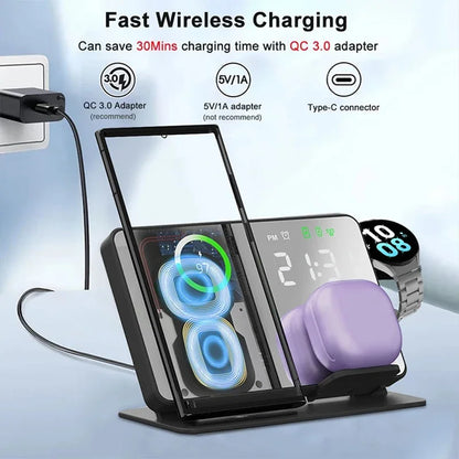 3-in-1 Wireless Charger Station - Fast Charging Stand for Samsung Galaxy Watch 6/5 Pro, Galaxy S24/S23/S22 with Alarm Clock Display