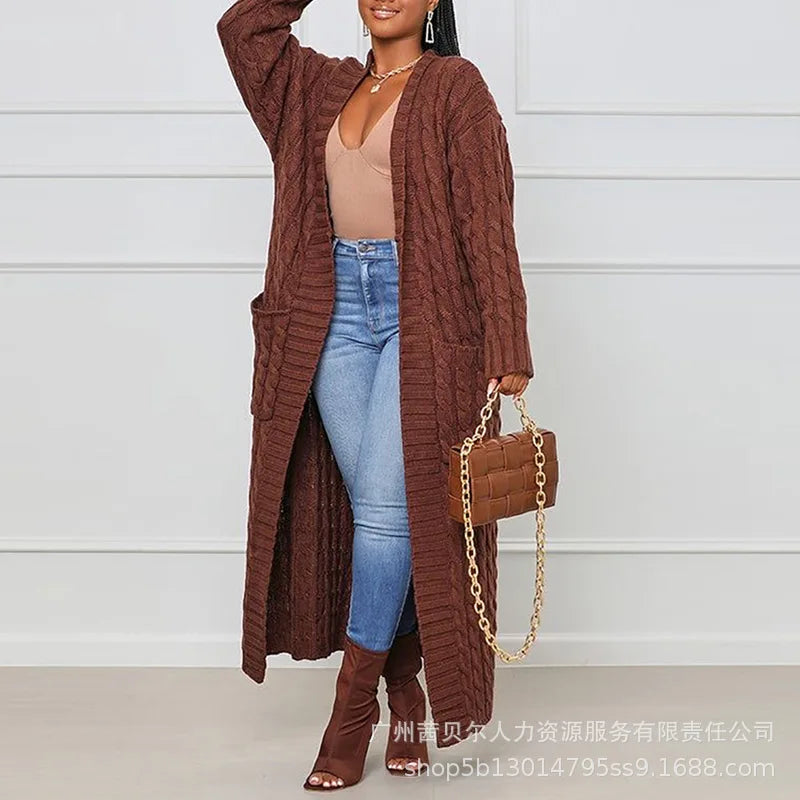 Open Front Cable Knit Longline Cardigan for Women – Long Sleeve, Loose Fit, Casual Fashion Knitwear, Solid Color