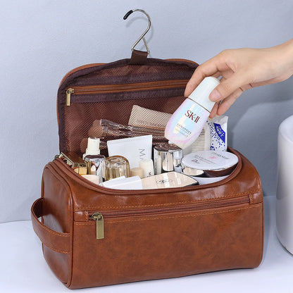 Men’s PU Leather Vintage Luxury Toiletry Bag – Travel Hanging Cosmetic Makeup Organizer Case, Business Wash Bag Storage Pouch