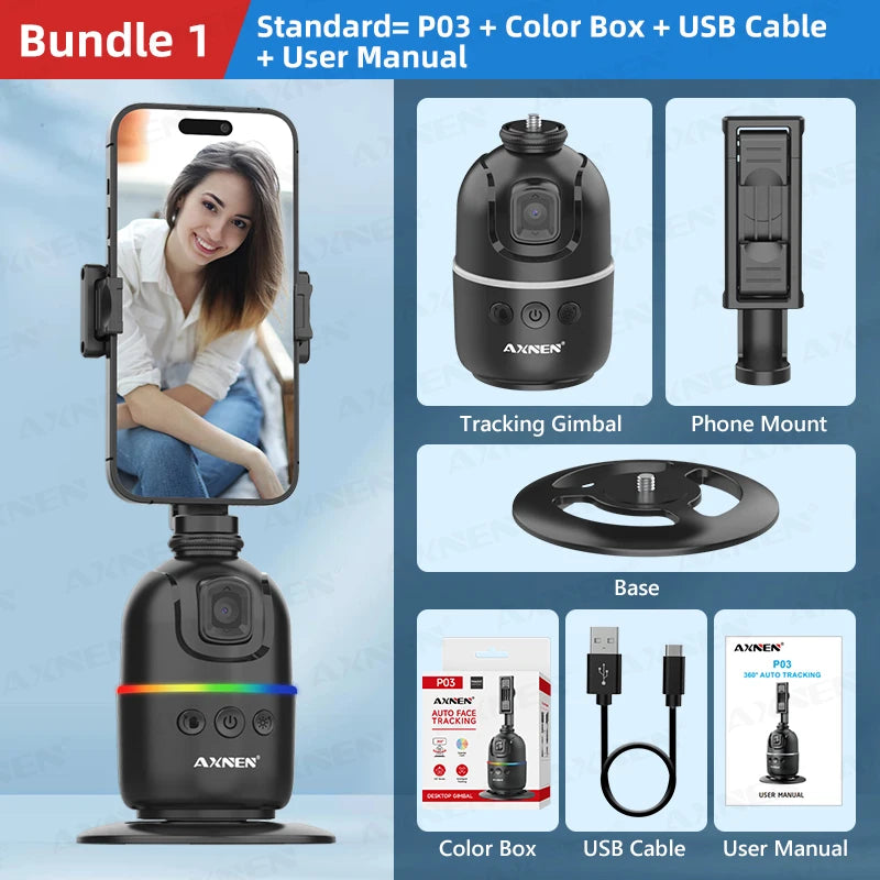 Smart Auto Face Tracking AI Gimbal – 360° Desktop Vlog Stabilizer for Smartphone & Action Camera (Tripod Optional)