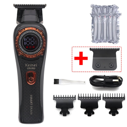 Kemei KM-999 Hair Trimmer for Men – DLC T-Blade, Zero Gapped, LED Display, Cordless USB Professional Hair Clipper